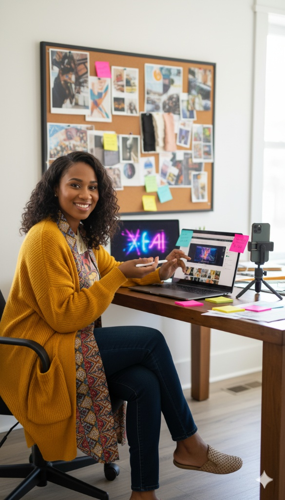 Maria recording UGC content at her creator desk